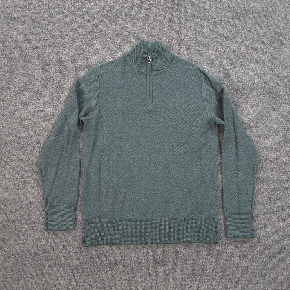 Bonobos‎ Sweater Mens Small Green Herringbone Cotton Cashmere 1/4 Zip Mock Neck
